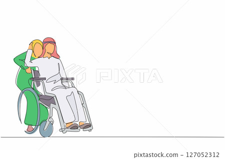 Single continuous line drawing Arab man sitting in wheelchair while wife standing behind and hugging him. Woman supporting husband during rehabilitation. Relationship concept. One line design vector Single continuous line drawing Arab man sitting in wheelchair while wife standing behind and hugging him. Woman supporting husband during rehabilitation. Relationship concept. One line design vector 127052312