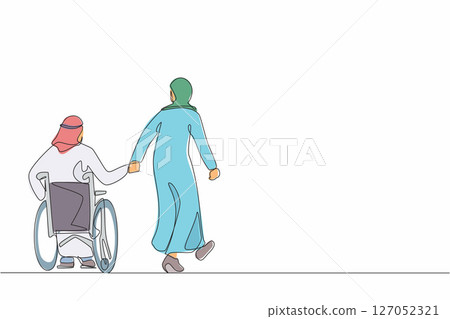 Single continuous line drawing back view Arab woman with her beloved disabled husband on wheelchair is taking stroll. Man with physical disability and his wife outdoors. One line graphic design vector 127052321