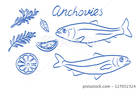 Artistic Illustration Featuring Fresh Anchovies Accompanied by Various Flavorful Ingredients 127052324