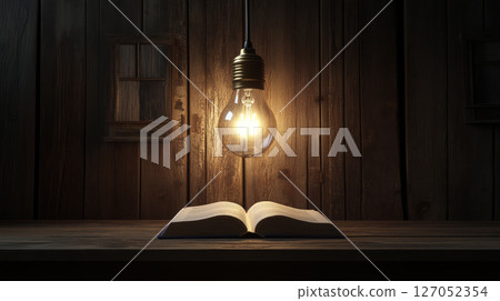 glowing lightbulb illuminates open book on wooden table, creating warm and inviting atmosphere glowing lightbulb illuminates open book on wooden table, creating warm and inviting atmosphere 127052354