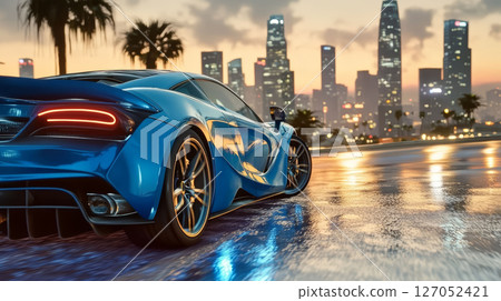 blue sports car drives on city road at sunset, reflecting vibrant skyline and creating stunning atmosphere 127052421