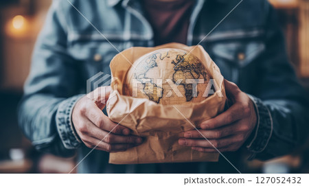 Man holding globe wrapped in paper, symbolizing global connections and exploration, with warm atmosphere Man holding globe wrapped in paper, symbolizing global connections and exploration, with warm atmosphere 127052432