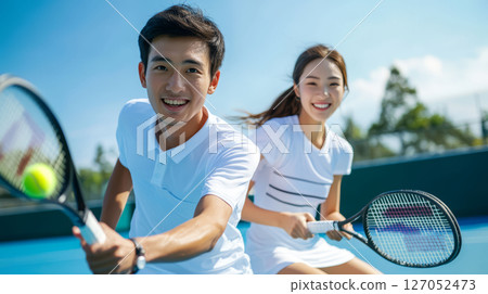Young couple playing tennis on sunny day, enjoying their time together on court with smiles and energy 127052473