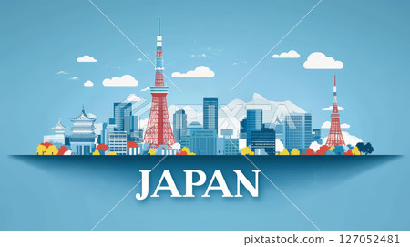 Japan skyline illustration featuring iconic landmarks, modern buildings, and vibrant colors, evoking sense of urban charm 127052481