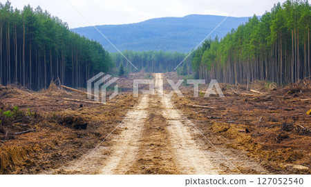 dirt road stretches through deforested area, flanked by stumps and young trees, leading towards distant mountains 127052540