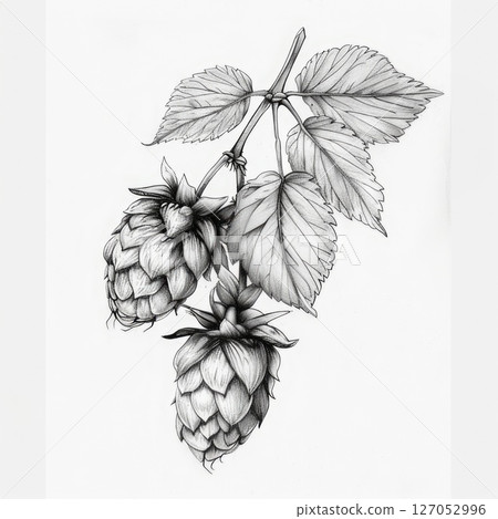 Medicinal hop pencil drawing showcasing detailed botanical elements on white background 127052996