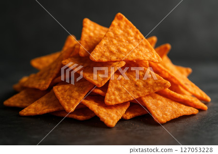 Pile of Tortilla Chips with Orange Seasoning, Close-Up 127053228