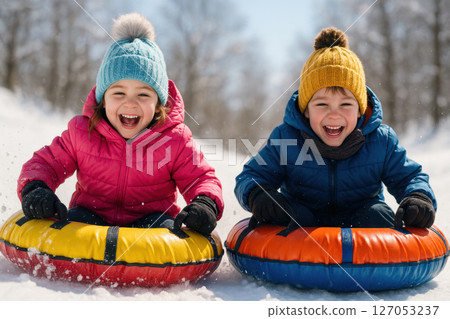 Children Riding Inflatable Sleds on a Sunny Day, Close-Up from Below 127053237