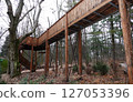 Kyiv, Ukraine January 27, 2025:  Wooden pedestrian bridge made of wood on the territory of the Botanical Garden of the National University of Life and Environmental Sciences of Ukraine 127053396