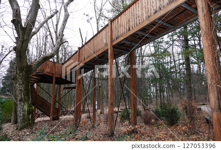 Kyiv, Ukraine January 27, 2025:  Wooden pedestrian bridge made of wood on the territory of the Botanical Garden of the National University of Life and Environmental Sciences of Ukraine 127053396