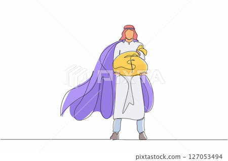Single one line drawing gigantic profits of financial success. Super Arabian businessman hero with a bag of money. Business metaphor concept. Modern continuous line design graphic vector illustration 127053494