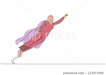 Single continuous line drawing super Arabian businesswoman raised fist and flying in the air. Superhero of business, financial, growth, career, leader. One line draw graphic design vector illustration 127053499