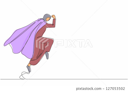 Single continuous line drawing superhero Arab businesswoman parry blow. Female in superwoman costume and mantle standing after fight. Victory, winner concept. One line draw design vector illustration 127053502