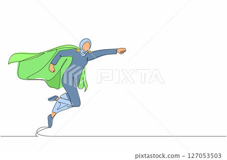 Single continuous line drawing super Arabian businesswoman punches pose, employee superhero flying, business power, success and overcome difficulties. One line draw graphic design vector illustration 127053503