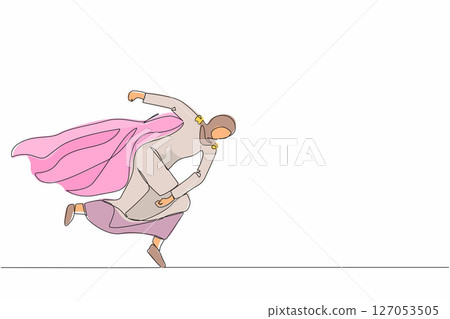 Continuous one line drawing superhero Arabic businesswoman punching breaking through problem. Elimination obstacles. Motivation to win, reliable leadership. Single line draw design vector illustration 127053505