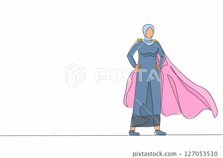 Single continuous line drawing Arab businesswoman wearing superhero cloak. Full length of businessman dressed as superhero. Successful businesswoman superhero in cloak. One line graphic design vector 127053510