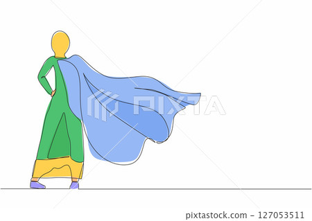 Single continuous line drawing back view confident Arabian businesswoman standing in suit and cape. Successful super hero entrepreneur. Leadership, achievement, career. One line graphic design vector 127053511