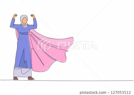 Single one line drawing Arabic businesswoman superhero character, office worker female superhero. Businesswoman in cloak or cape, standing in superhero pose. Continuous line draw design graphic vector 127053512