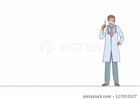 Continuous one line drawing male doctor holding medical injection syringe. Doctor wearing protective medical mask and gloves holding syringe in hand. Single line design graphic vector illustration 127053527