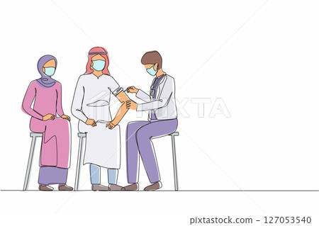 Single one line drawing doctor gives patient antiviral injection. Doctor inject coronavirus vaccine in Arab man arm muscle. Vaccination against coronavirus. Continuous line design vector illustration 127053540