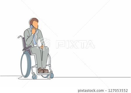 Continuous one line drawing disabled guy in wheelchair having phone conversation while working from home. Injured businessman talking with client on mobile phone. Single line draw design vector Continuous one line drawing disabled guy in wheelchair having phone conversation while working from home. Injured businessman talking with client on mobile phone. Single line draw design vector 127053552