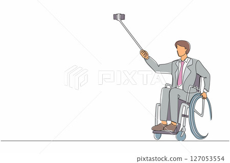 Continuous one line drawing businessman in wheelchair taking selfie with phone and stick. Disabled injured man in wheelchair making selfie on smartphone. Single line draw design vector graphic 127053554