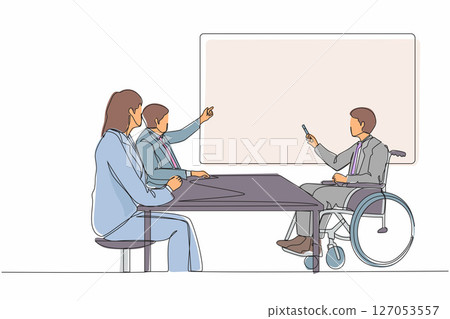 Single continuous line drawing disabled man giving presentation to colleagues. Businessman listening to disable executive in wheelchair presenting business strategy. One line graphic design vector 127053557