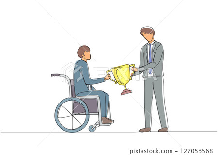 Single one line drawing presenting prize to businessman in wheelchair. Disabled man on wheelchair with trophy cup sharing his joy from achievements and victory. Continuous line draw design vector Single one line drawing presenting prize to businessman in wheelchair. Disabled man on wheelchair with trophy cup sharing his joy from achievements and victory. Continuous line draw design vector 127053568