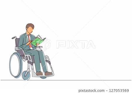 Continuous one line drawing positive student disabled reads book while sitting in wheelchair. Injured guy studying in college. Rehabilitation of disabled people. Single line draw design vector 127053569