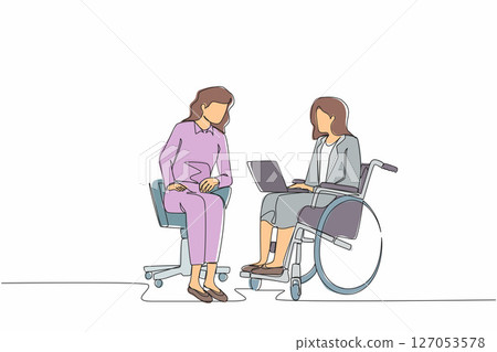 Continuous one line drawing employee with disabilities and inclusion work together in office. Disabled female on wheelchair with coworker sit communicate using laptop. Single line draw design vector 127053578