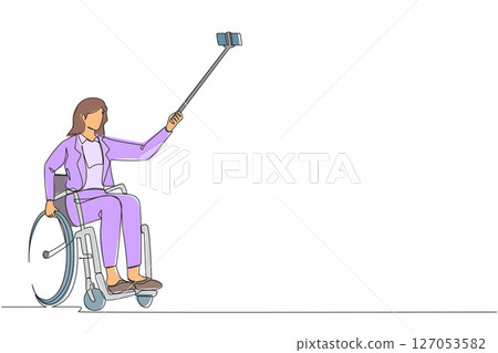 Single continuous line drawing businesswoman in wheelchair taking selfie with phone and stick. Disabled manager woman in wheelchair making selfie on smartphone. One line draw graphic design vector 127053582