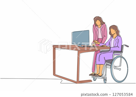 Continuous one line drawing handicapped businesswoman in wheelchair working with colleague in office. People discussing business graph on computer. Single line draw design vector graphic illustration 127053584