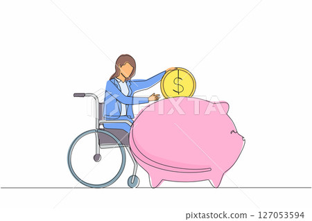 Single one line drawing disabled businesswoman saving coin dollar money. Person in wheelchair holding piggy bank and thinking of money. Disability, finance concept. Continuous line draw design vector 127053594