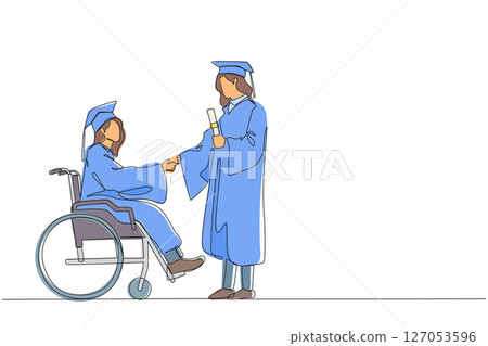Continuous one line drawing full length of female graduate student in wheelchair shaking hand with female graduate student standing and holding diploma. Single line design vector graphic illustration Continuous one line drawing full length of female graduate student in wheelchair shaking hand with female graduate student standing and holding diploma. Single line design vector graphic illustration 127053596