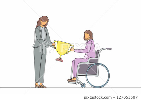 Single continuous line drawing presenting prize to businesswoman in wheelchair. Disabled woman on wheelchair with trophy cup sharing her joy from achievement victory. One line graphic design vector Single continuous line drawing presenting prize to businesswoman in wheelchair. Disabled woman on wheelchair with trophy cup sharing her joy from achievement victory. One line graphic design vector 127053597