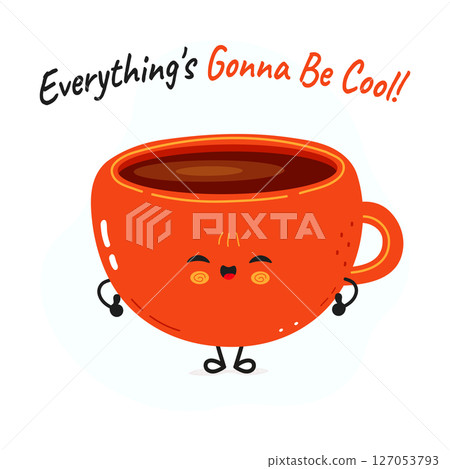 Cheerful cartoon Coffee Cup radiating positive vibes, spreading motivation with warm smile and encouraging message 127053793