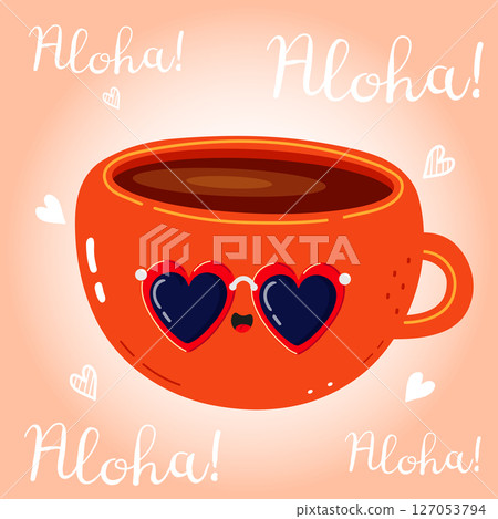 Orange Coffee Cup with heart shaped sunglasses saying aloha, ideal for summer vacation, hawaiian vibes, and coffee lovers Orange Coffee Cup with heart shaped sunglasses saying aloha, ideal for summer vacation, hawaiian vibes, and coffee lovers 127053794