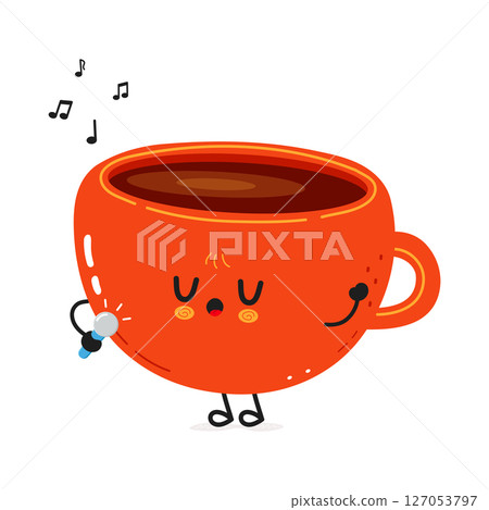 An animated Coffee Cup enthusiastically singing with a microphone, surrounded by musical notes. An animated Coffee Cup enthusiastically singing with a microphone, surrounded by musical notes. 127053797