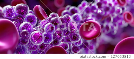 A vibrant 3d rendered illustration depicting a detailed view of blood cells and biological elements. 127053813