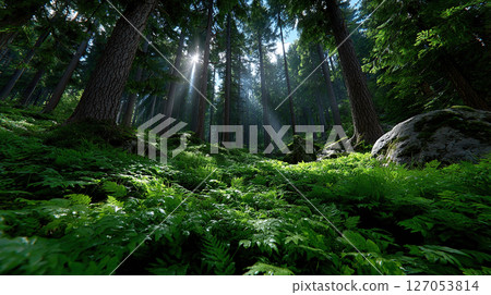 Sunlight streams through the dense trees in a lush, vibrant forest scene, casting shadows. 127053814