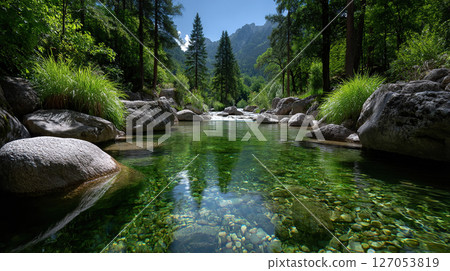 A serene scene of a crystal-clear river flowing through a lush, green forest. 127053819