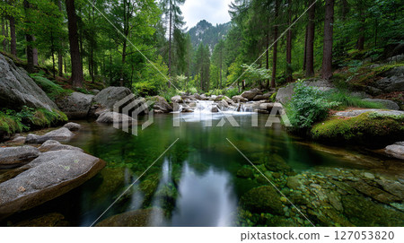 A crystal-clear river meanders through a vibrant green forest, a serene outdoor scene. 127053820