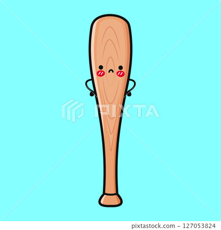 A sad and adorable cartoon Baseball Bat character stands against a bright, blue background. A sad and adorable cartoon Baseball Bat character stands against a bright, blue background. 127053824