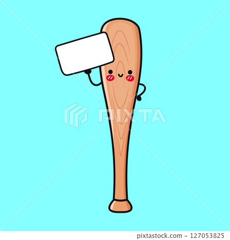 Smiling baseball mascot character holding blank sign, cartoon-style graphic on white backdrop Smiling baseball mascot character holding blank sign, cartoon-style graphic on white backdrop 127053825
