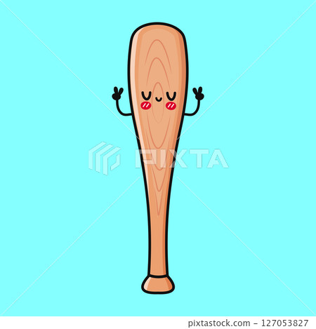 A cute cartoon Baseball Bat character is giving peace signs with a joyful expression on a blue backdrop. 127053827