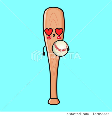 An adorable cartoon Baseball Bat with heart eyes happily holding a baseball in a bright setting. An adorable cartoon Baseball Bat with heart eyes happily holding a baseball in a bright setting. 127053846