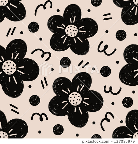 Pattern with hand drawn style flowers, polka dots and scribbles on light background. 127053979