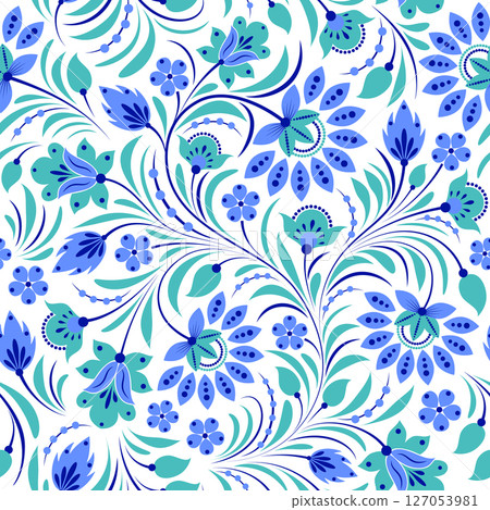 Seamless pattern of stylized blue and teal flowers and leaves 127053981