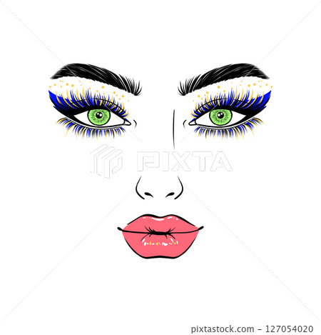 Woman's face with vibrant green eyes, dramatic blue and yellow eyelashes , red lips, and defined eyebrows Woman's face with vibrant green eyes, dramatic blue and yellow eyelashes , red lips, and defined eyebrows 127054020