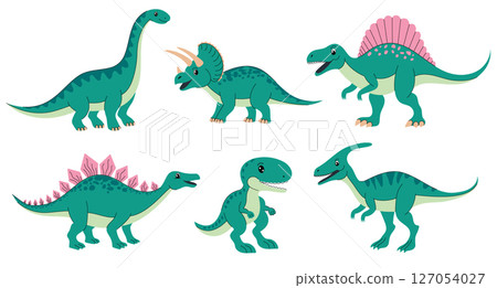 Collection of green dinosaurs on white background. 127054027